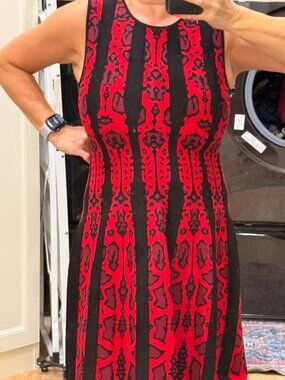 RVN Red & Black Jacquard Knit Fit & Flare Midi Dress Size M Made in USA